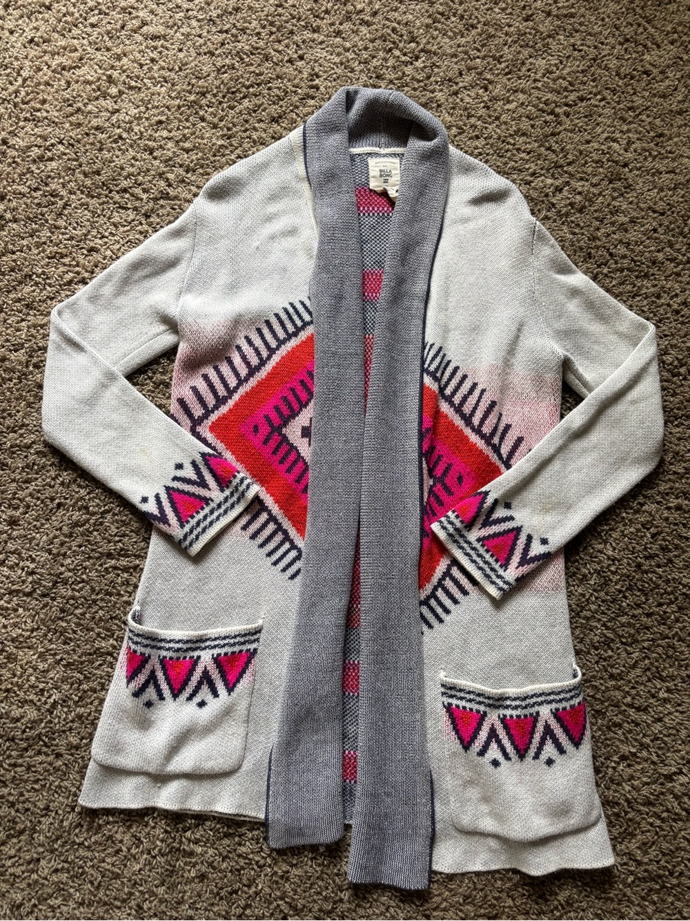 Billabong Grey and pink aztec cardigan with pockets